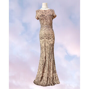 NWT Betsy Adam Long Maxi Formal Gold Shimmer Sequin Wedding Gown Modest Dress 8